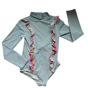 Mini Boden size 9-10 Girls Long Sleeved Swimwear Striped Ruffle